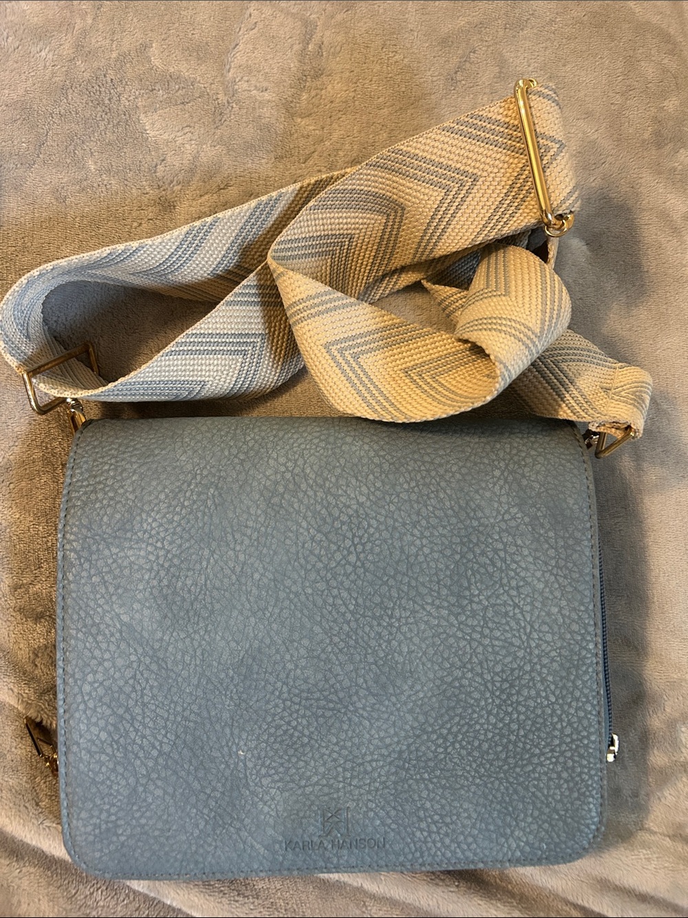 Pebbled Blue Crossbody Bag with Wide Chevron Strap